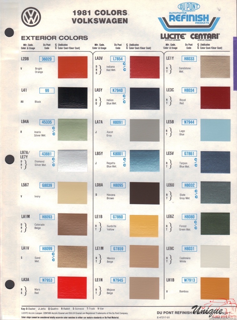 1981 Volkswagen Paint Charts DuPont 1